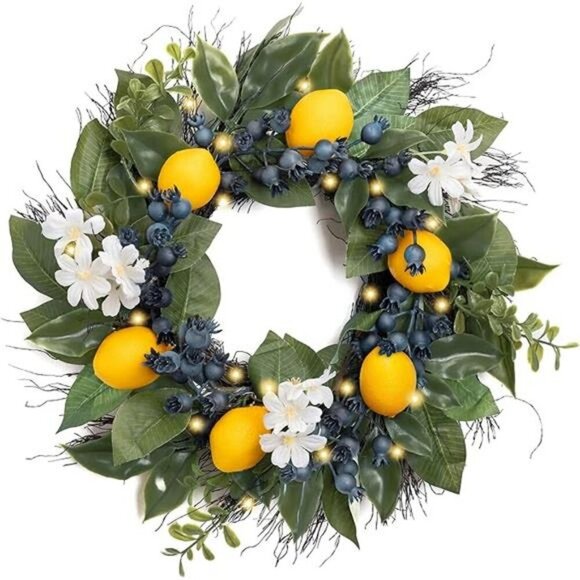 Lemon Wreath with Lights 16in Spring Summer Front Door Decor with Greenery - Picture 7 of 7